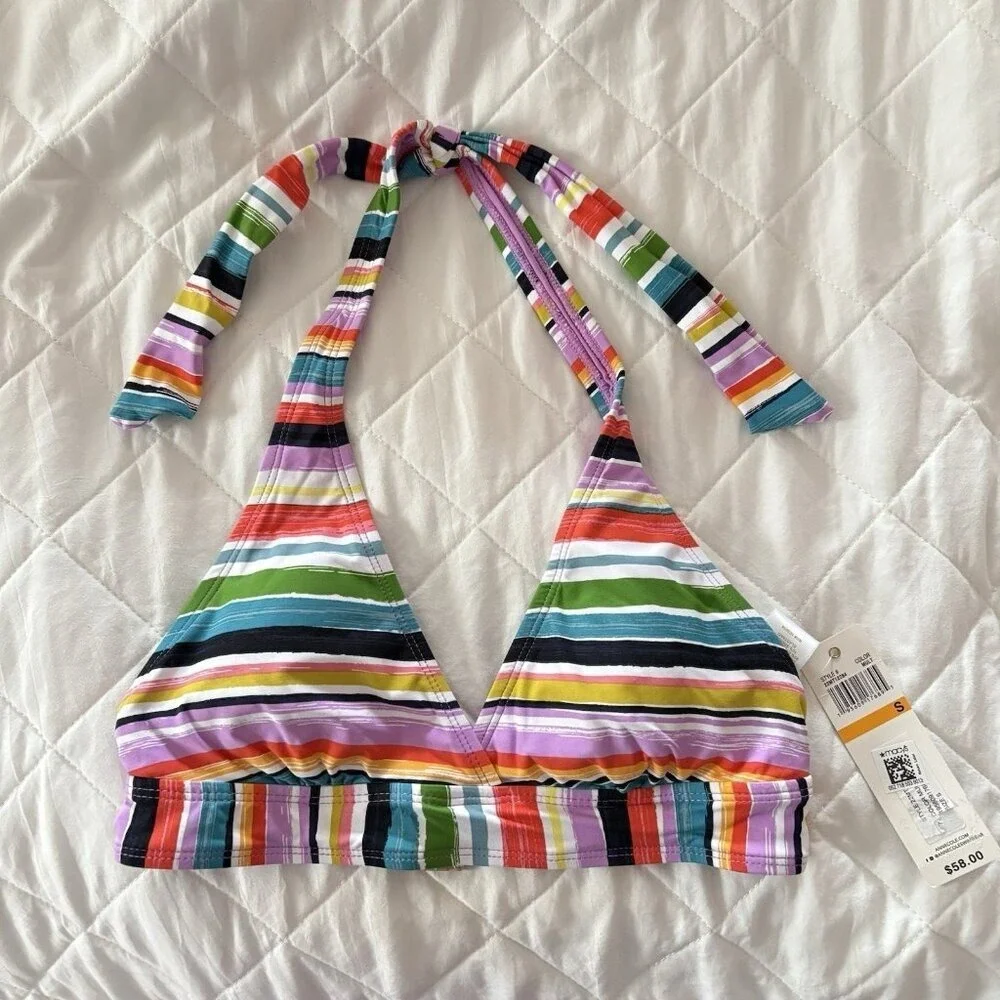 NWT Anne Cole Womens Size Small Striped‎ Halter Bikini Top Swim Beach Summer
